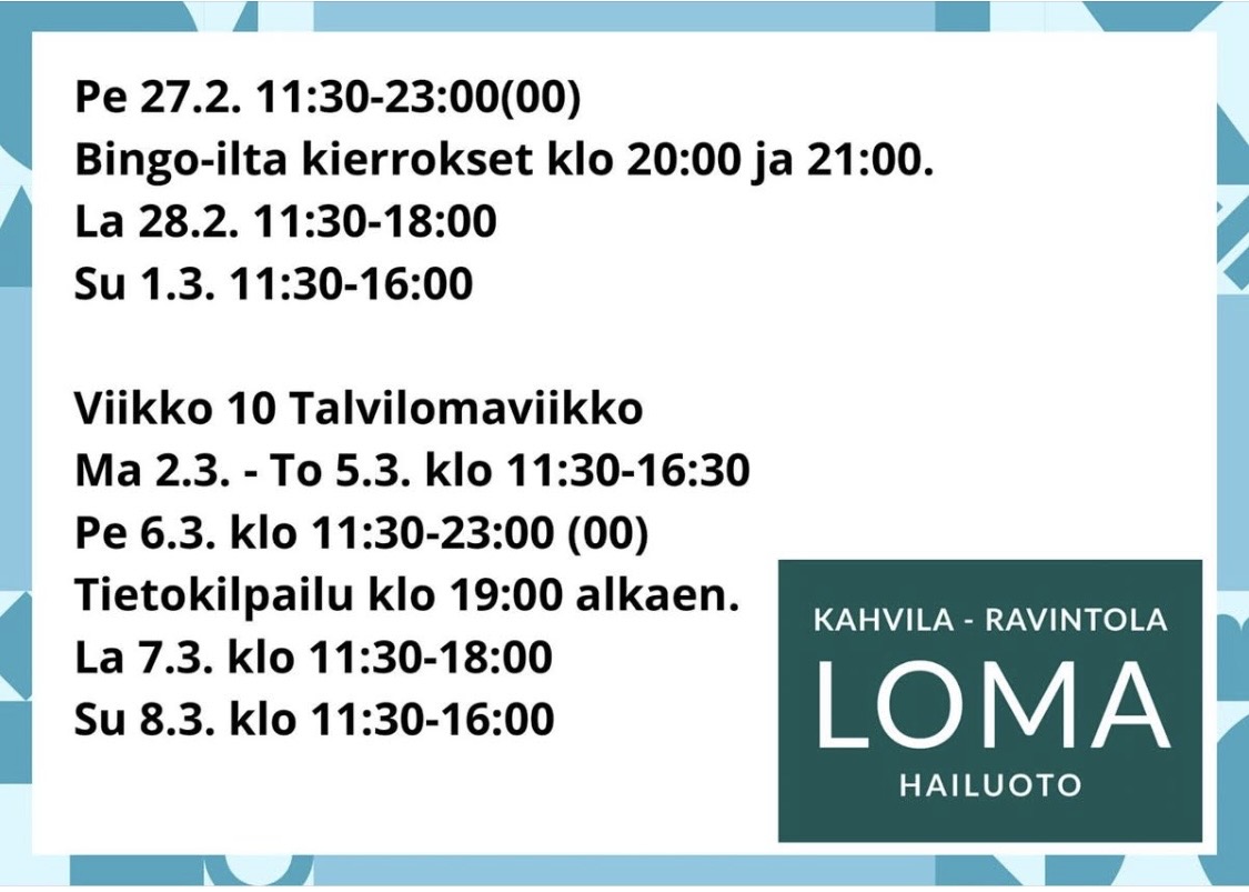 Kahvila Loma palvelee talvilomaviikolla joka päivä